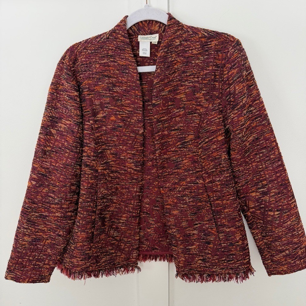 Coldwater Creek Jacket Blazer Tapestry  Open Front Burgundy Orange Fringe‎ MP